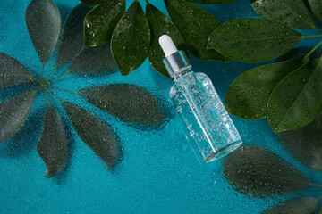 Anti aging serum with collagen and peptides in glass bottle with dropper on a wet blue background...
