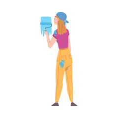 Female Coloring Wall with Paint Roller Vector Illustration