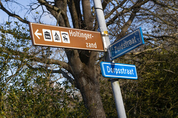 Roadsign. Direction sign. Dorpsstraat. Holtingerzand. Zuidstraat. Uffelte Drenthe Netherlands