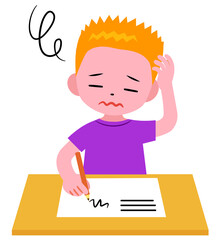 A boy studying and doing school homework holding a pencil