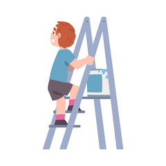 Little Boy with Ladder and Bucket with Paint Vector Illustration