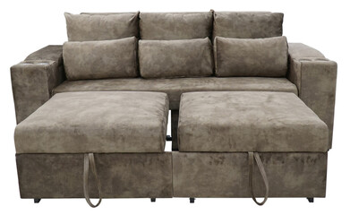 Ergonomic functional sofa with adjustable seat for condo, apartment and home living room. Comfortable 2 seater and 3 seater sofabed with pillows. Sofa isolated on white background.