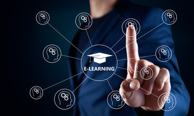 businessman pressing e-learning button