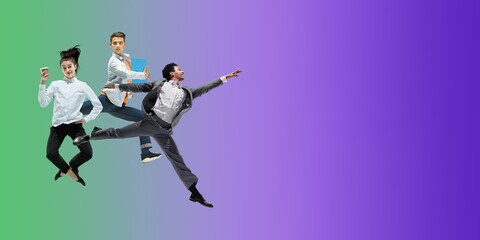 Fototapeta na wymiar Success. Happy office workers jumping and dancing in casual clothes or suit isolated on gradient neon fluid background. Business, start-up, working open-space, motion, action concept. Creative collage