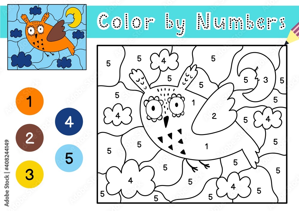 Wall mural color by number game for kids. coloring page with a cute owl at night. printable worksheet with solu