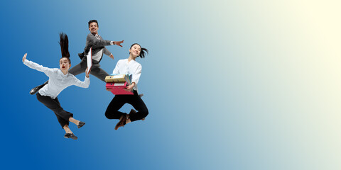 Naklejka na ściany i meble Morning. Happy office workers jumping and dancing in casual clothes or suit isolated on gradient neon fluid background. Business, start-up, working open-space, motion, action concept. Creative collage