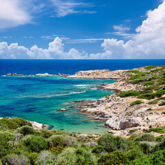 Beautiful beach and rocky coastline landscape in Greece