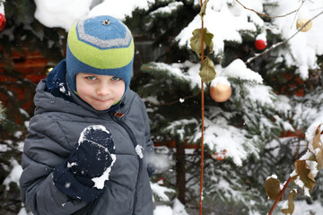 Boy on background of Christmas tree