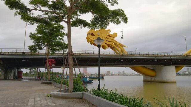 Steadicam shot of the Dragon bridge in the city of Danang in the central part of Vietnam. Travel to Vietnam concept
