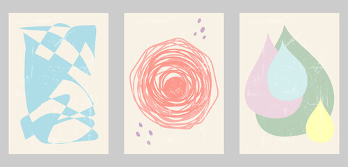Set of three abstract minimalist backgrounds. Hand-drawn illustrations with dots, doodles, lines, shapes for wall decoration, postcard or brochure, cover design, stories, social media, app design.