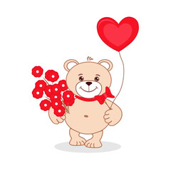 Happy and in love Teddy bear with red hearts. Happy valentines day. Vector greeting card template.