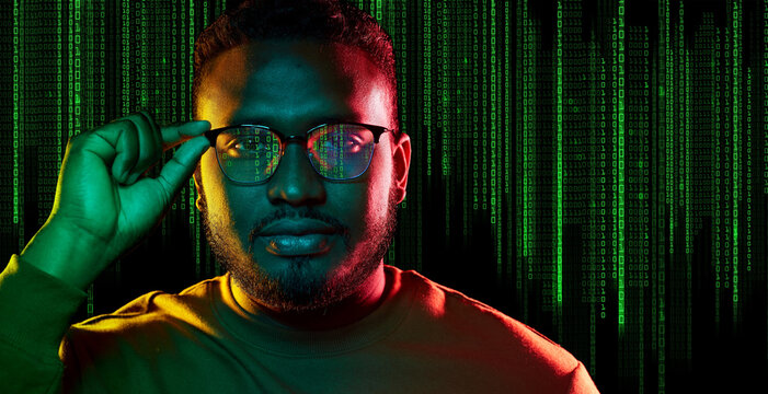 Technology, Cyberspace And Programming Concept - Portrait Of Young African American Man Over Binary Code Numbers On Black Background