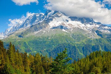 Fototapeta premium Picturesque view of Aiguille Verte, rocky mountain with snowy peak and green slopes on sunny summer day. Mont Blanc massif, French Alps
