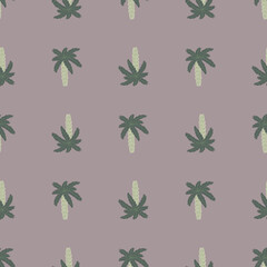 Pale palette seamless pattern with grey colored palm tree ornament. Lilac pastel background. Doodle style.