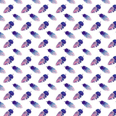 Pattern with beautiful pink and purple feathers on a white background