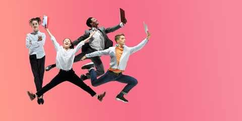 Fototapeta na wymiar Raspberry. Happy office workers jumping and dancing in casual clothes or suit isolated on gradient neon fluid background. Business, start-up, working open-space, motion, action concept. Creative