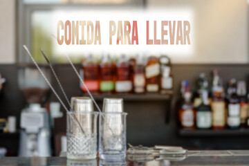 Spanish text FOOD TO TAKE OUT or TAKEAWAY. Restaurants working only for take away because of coronavirus lockdown