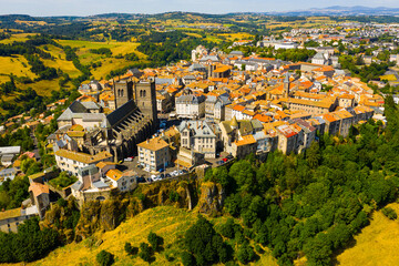 Top view of the city of Saint-Flour and Saint-Flour Cathedral. The Auvergne region. France