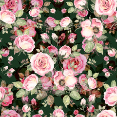  Abstract seamless lovely pattern drawn blooming roses with foliage