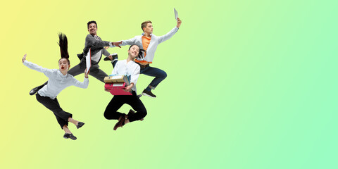 Fototapeta na wymiar Green. Happy office workers jumping and dancing in casual clothes or suit isolated on gradient neon fluid background. Business, start-up, working open-space, motion, action concept. Creative collage.