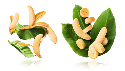 Fresh ripe baby bananas falling in the air
