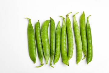 green pea pod, green peas, white background
