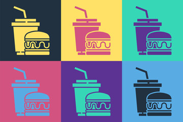 Pop art Paper glass with drinking straw and burger icon isolated on color background. Soda aqua drink sign. Hamburger, cheeseburger sandwich. Vector.