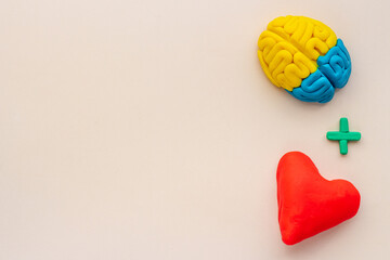 Emotional intelligence concept with brain and heart, top view