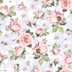  Abstract seamless lovely pattern drawn blooming roses with foliage