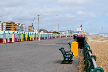 Hove promenade with beach huts, Sussex, UK