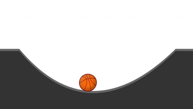Friction surface, basketball ball movement. Rough curved area. Potential, kinetic energy, motion.  Physics energy, gravity footage. Dark gray uneven ramp. 2D cartoon animation. Education, sport video