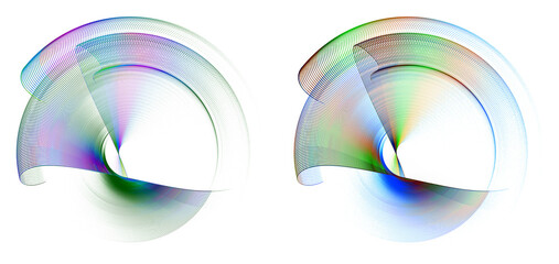 Wavy iridescent propeller planes rotate in a circle on a white background. Graphic design elements set. 3d rendering. 3d illustration. Sign, icon, symbol, logo.