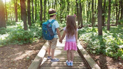 Family ecotourism in the national reserve. Children walk along an equipped hiking trail in the forest on a sunny summer day. A beautiful path made of wooden boards in the forest for trekking routes.
