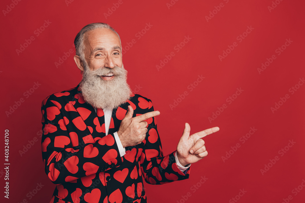 Sticker Photo of adviser old man forefingers direct empty space wear heart print tuxedo isolated red background