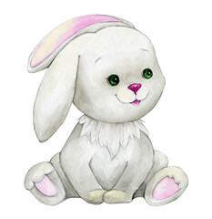 Obraz na płótnie Canvas cute rabbit, sitting, watercolor animal, cartoon style, on isolated background.