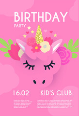 Kid birthday flyer template. Cute Unicorn with clouds and flowers