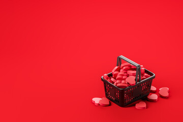 Hearts in a black shopping basket on a red background. Relationship and love concept. Mock Up. 3d rendering