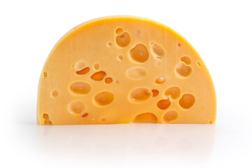 Piece of Swiss-type cheese on a white background