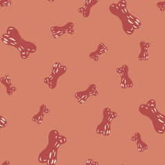 Random seamless pattern with simple bones silhouettes print. Pale pink palette. Spooky halloween design.