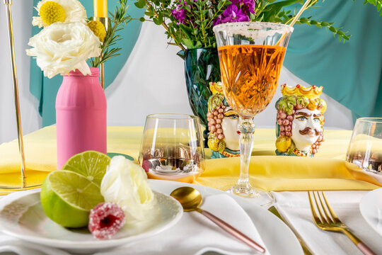 Spring table set for a party. Mise en place