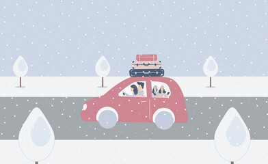 Fantasy cute winter landscape.Family car trip with suitcases.Parents and children are travelling.Trendy fashion trees in minimalist flat design style. Raster illustration.Soft colours.It is snowing