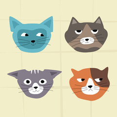 Funny multicolored cats with different emotions. Cute, kind, suspicious and dissatisfied cat. Group of cat heads cartoon. 
