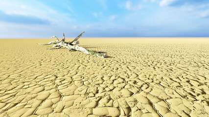 Concept or conceptual desert landscape with a parched tree trunck as a metaphor for global warming and climate change. A warning for the need to protect our environment and future 3d illustration