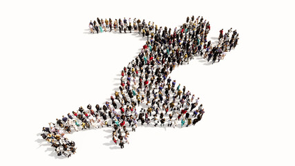 Concept or conceptual large community of people forming the image of a runner on white background. A 3d illustration metaphor for athlete, sprinter, marathon, competition, exercise and  health