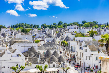 Panoramic view of the Trulli of Alberobello, Italy.