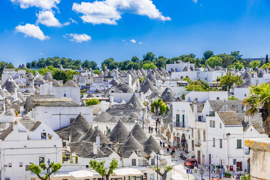 Panoramic view of the Trulli of Alberobello, Italy.