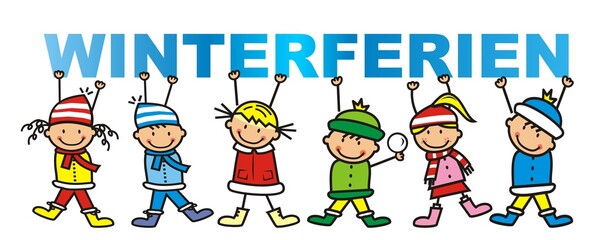 Happy kids with banner, text Winterferien, German, vector illustration
