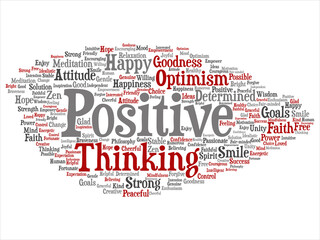 Vector concept, conceptual positive thinking, happy strong attitude abstract word cloud isolated on background. Collage of optimism smile, faith, courageous goals, goodness, happiness inspiration text