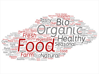 Vector concept conceptual organic food healthy bio vegetables abstract word cloud isolated background. Collage of natural, fresh tasty farm agriculture, certificate ecological garden quality crop text