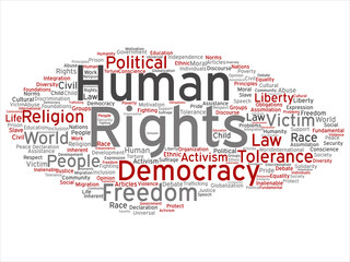 Fototapeta premium Vector concept or conceptual human rights political freedom, democracy abstract word cloud isolated background. Collage of humanity world tolerance, law principles, people justice discrimination text
